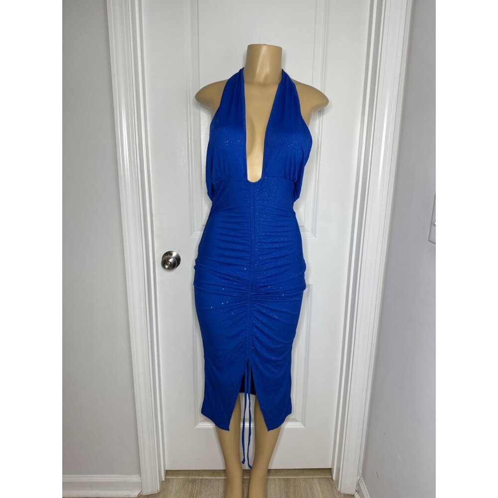 Royal Blue Halter Backless Midi Dress With Ruched Front & Glitter Accents